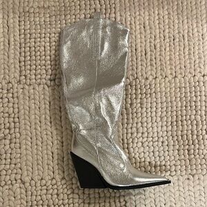 Nevada knee-high wedge cowboy boots - silver - public desire - size US 7 - new